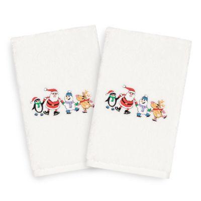 Linum Home Christmas Skating Party Hand Towels in White (Set of 2)