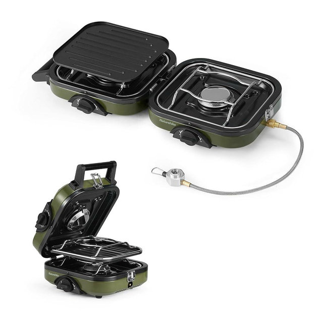 Naturehike 2 Burner Folding Camping Stove with Griddle, Portable Isobutane Gas Camp Stove with 16000 BTU Adjustable Burners & Piezo Ignition