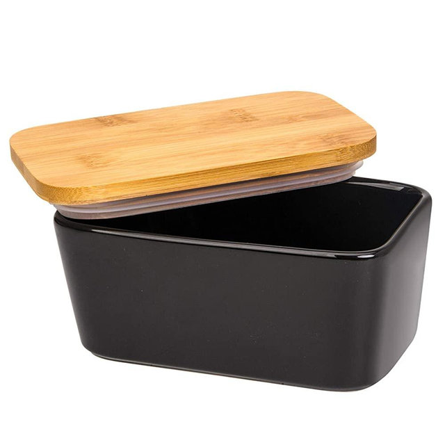 Arswin Butter Dish with Lid, LARGE 650ml Porcelain Keeper with Wood Lid Cover for 2 Sticks of Butter, Microwave Safe Easy Clean Butter Storage Container for Countertop and Refrigerator (Black 10oz)
