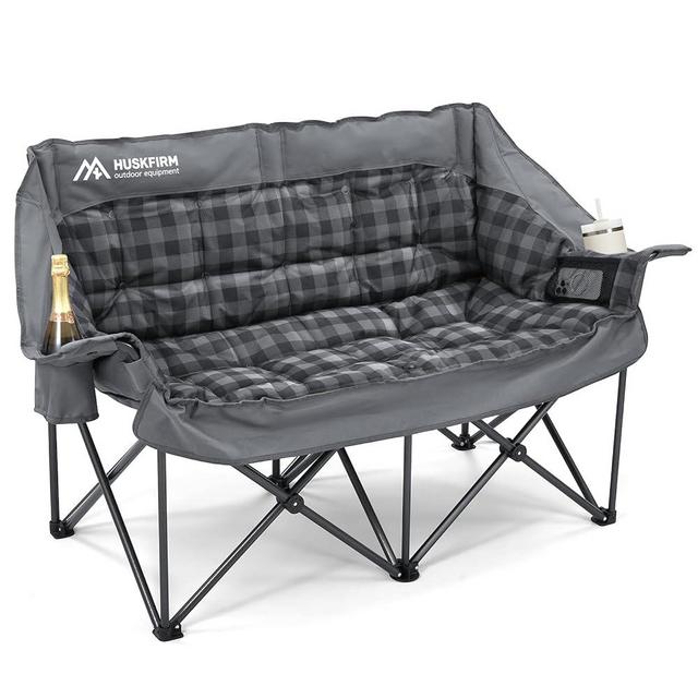 Double Camping Chairs Padded Loveseat Chair for 2 Person - Heavy Duty Oversized Camping Couch for Adults Outdoor Lawn Beach - Portable Folding Sofa with Cup Holders and Carry Bag, Grey