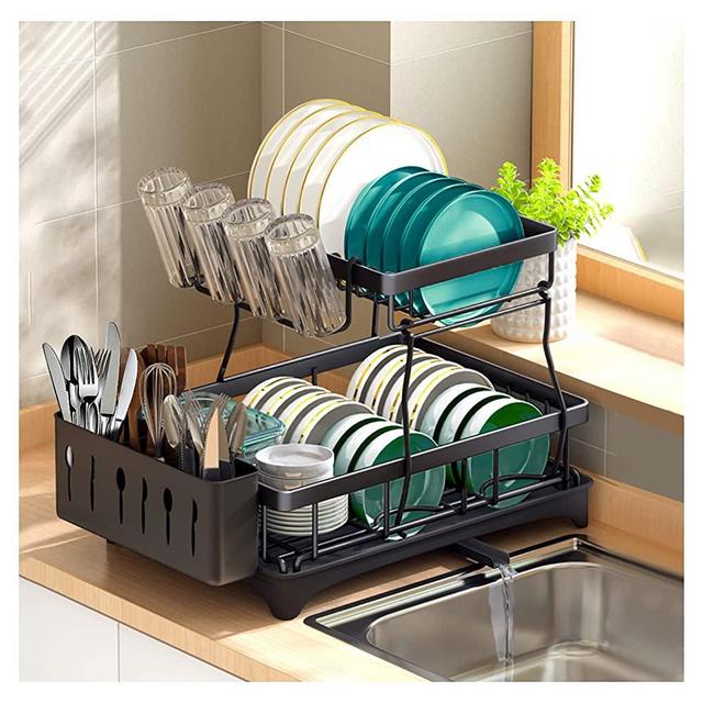 Large Dish Drying Rack,2-Tier Dish Racks for Kitchen Counter,Detachable Large Capacity Dish Drainer Organizer with Utensil Holder, Dish Drying Rack with Drain Board ,Black
