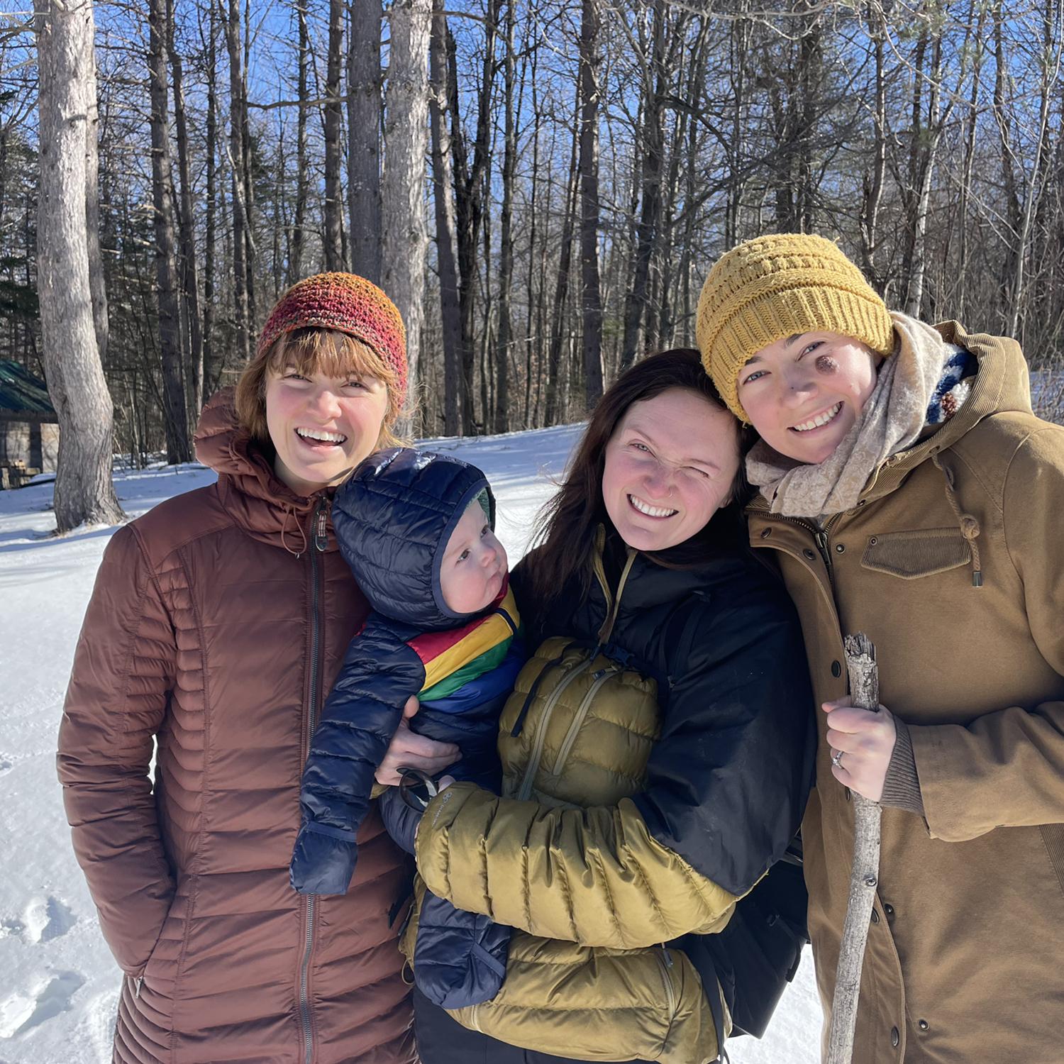 Trudging through Vermont snow in February with our sweet god-son Salix and mama Adair