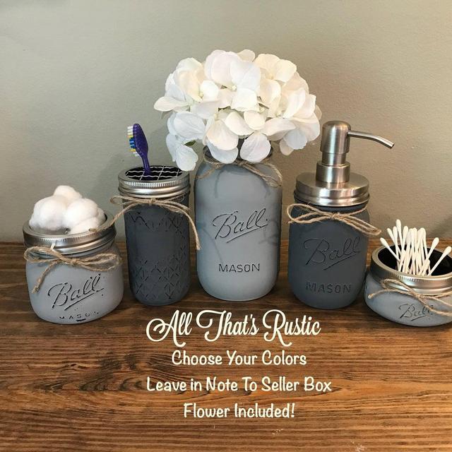 Rustic Bathroom Decor, Mason Jar Bathroom Set, Mason Jar Decor, Bathroom Set, Rustic Decor, Bathroom Storage, Mason Jar, Gray