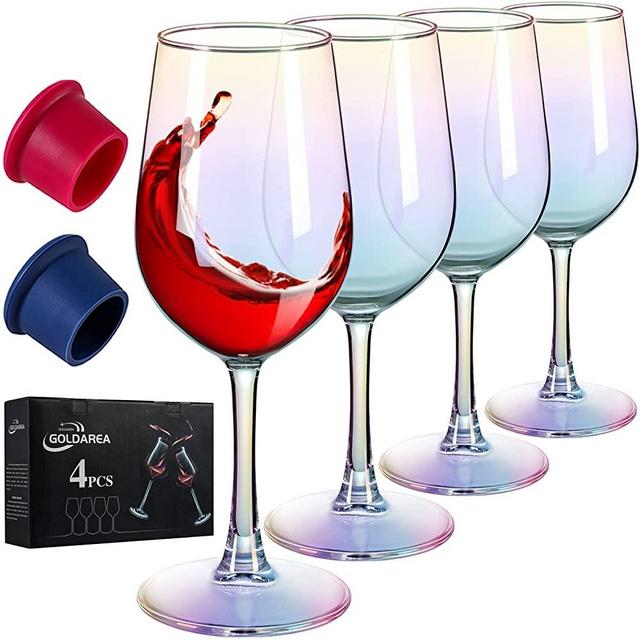 GoldArea 4 Pack Wine Glasses, 10 oz Iridescent Wine Glass with Wine Stoppers, Colorful Wine Glasses, Rainbow Glasses, Ideal for Red Wine, White Wine, Champagne, Wine Accessories, Wine Gifts