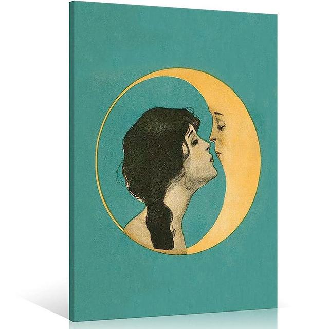 Wood Framed Vintage Woman Kissing Crescent Moon Canvas Wall Art 1920 Songbook Dear Old Dixie Moon Aesthetic Posters Nouveau Famous Antique Man Face on The Moon Cool Prints Painting Decor 12x16in