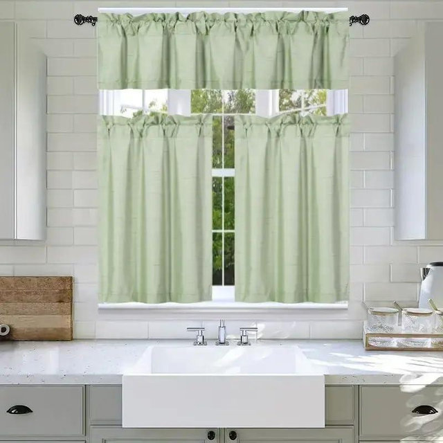 3Pc Set Solid Faux Silk Lined Blackout Rod Pocket Small Kitchen Window Curtain with Valance (K3) (SAGE Green)