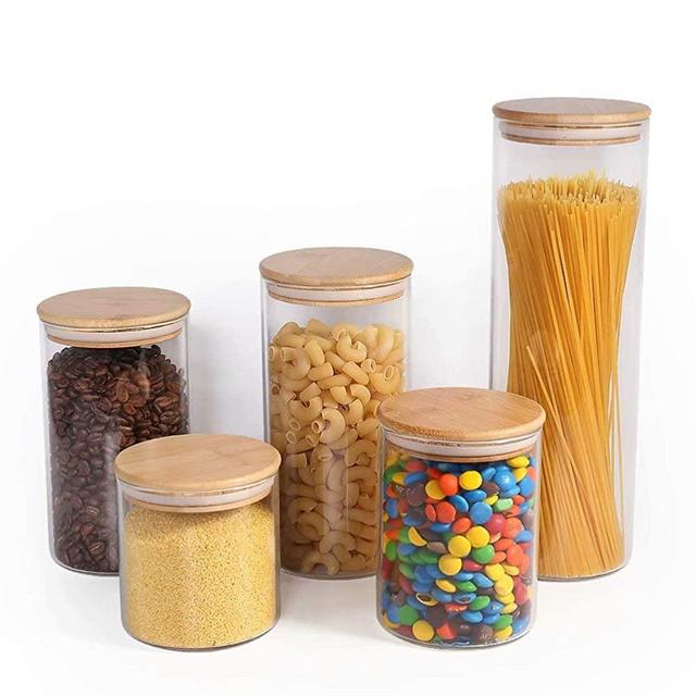 77L Food Storage Canister, (Set of 5) Upgraded Thickened Airtight Food Storage Jar Set with Wooden Lid, [5 Different Sizes] Glass Pantry Canister/Jar Serving for Coffee, Oats, Sugar and More (Clear)
