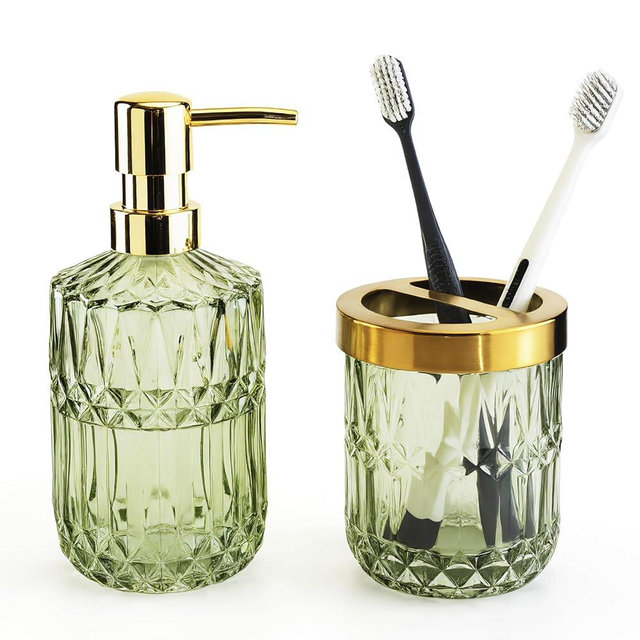 Glass Bathroom Accessories Set, 2PCS Clear Glass Bathroom Accessory, Toothbrush Holder and Soap Dispenser Set for Modern Bathroom Decor(Green)