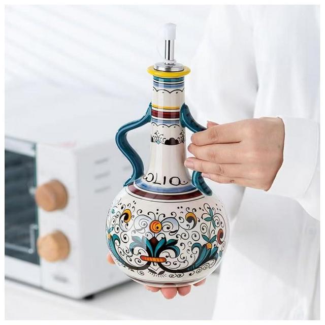 Italian Ceramic Olive Oil Dispenser Bottle 23oz, Hand Painted Olive Oil Bottles, Decorative Stoneware Olive Oil Cruet for Kitchen with Stainless Steel Spout for Oils, Sauces, Vinegar (B)
