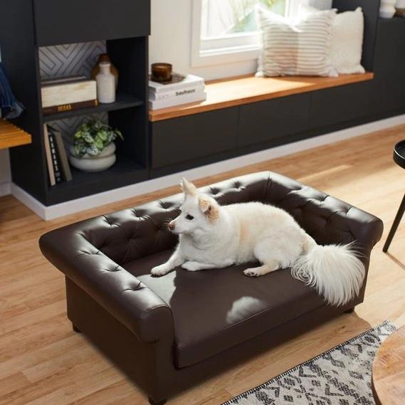 FRISCO Leatherette Tufted Sofa Cat & Dog Bed, Brown, Large - Chewy.com