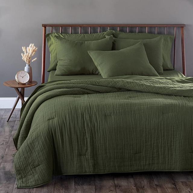 Welhome Cotton Gauze Blanket | King/Cal King Set | Olive Green | 108" x 92" | 3 Piece Set | Supersoft | Superior Comfort | Lightweight | Breathable | Machine Washable