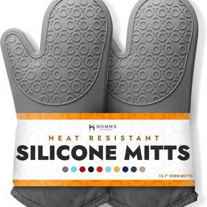 BPA-Free Soft Silicone Oven Mitts - Ultra Heat Resistant Oven Mitts with Thick Cotton Liner - Long Slip Resistant Pot Holders, Flexible Oven Gloves - Gray 13.7"