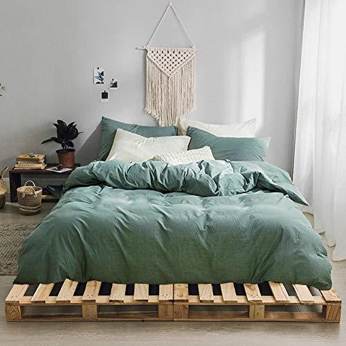 Travan 3-Piece Duvet Cover Set, 100% Washed Cotton Duvet Cover, Ultra Soft Solid Color Modern Style Bedding Set Natural Wrinkled Look (Green, Queen)