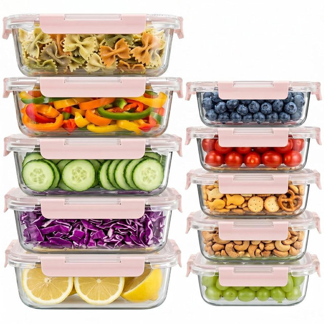 Dealusy 10 Sets (20-Piece) 4.5 Cup & 1.5 Cup Glass Food Storage Containers with lids, Airtight Leak-proof Glass Meal Prep Containers with Lids, Microwave Oven Freezer Dishwasher Safe, Pink