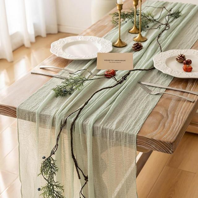 Keketo Cheesecloth Table Runner Sage Green Gauze 120 Inch 10 FT Rustic Boho Cheese Cloth Table Runner for Wedding Baby Shower Decoration Bridal Shower Sheer Centerpiece Home Decorations