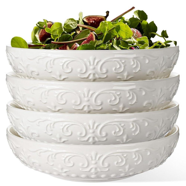 Wareland Pasta Bowls, 32oz Salad Bowls Set of 4, White Ceramic Soup Bowls 8 Inch Embossment Large Serving Bowl Wide and Shallow Bowls for Kitchen, Microwave & Dishwasher Safe (Brocade Flower)