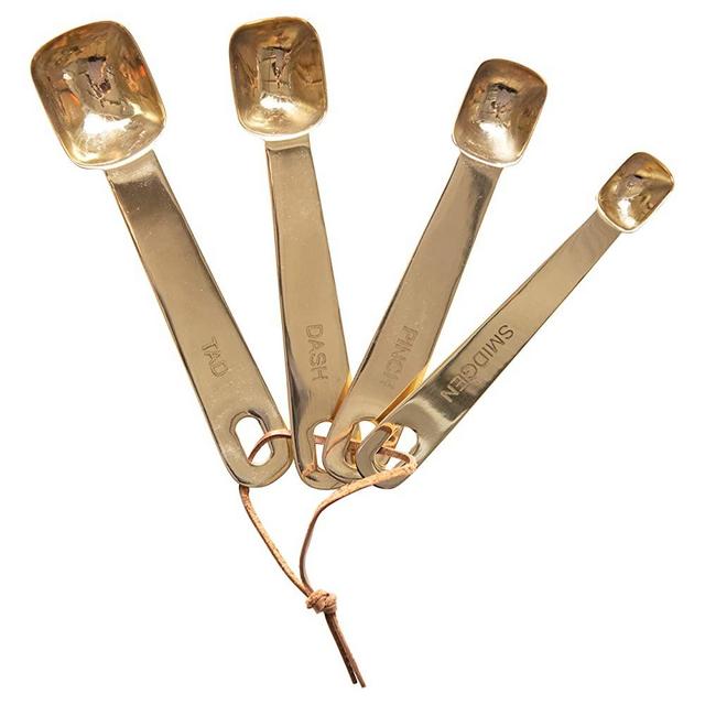 Creative Co-op Stainless Steel Square Leather Tie (Set of 4) Measuring Spoons, Bronze
