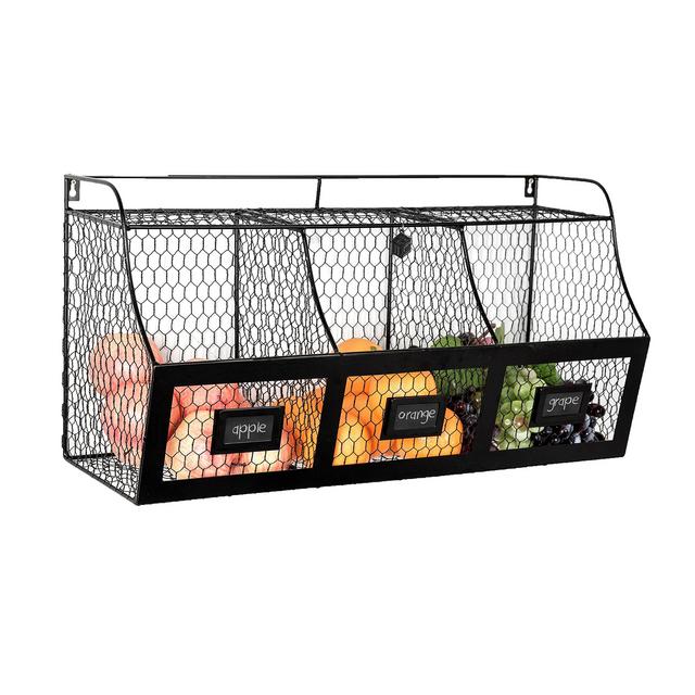 Large Country Rustic Metal Wire Wall Mounted Hanging Fruit Basket Storage Bin w/Chalkboard Labels, Black
