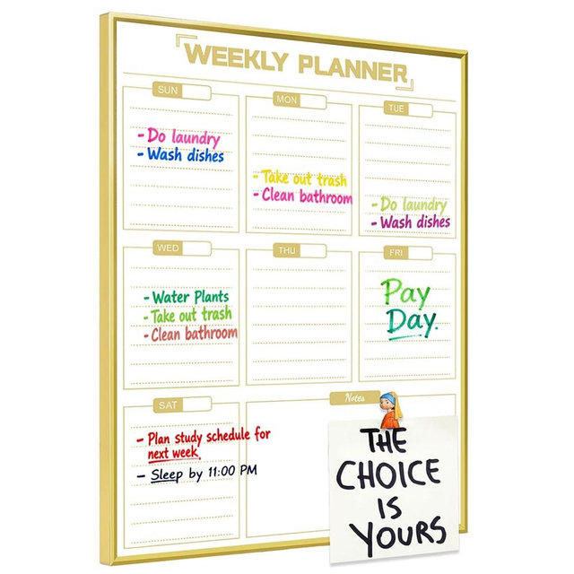 Dry Erase White Board Weekly Calendar Board, Magnetic Whiteboard for Wall, Gold Aluminum Frame Message Board, Vertical, 17“x13“, Planner Board for Office, Home, Schooll(Weekly-BB-Gold-3343-R)