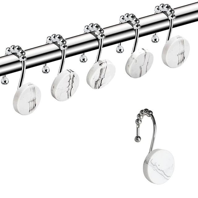 Shower Curtain Hook Rings Decorative for Bathroom, Set of 12 Marble Rust Proof Shower Curtain Ring Hang Holder for Towel Clothes Kitchen Utensil Living Room (White with Glide Balls)