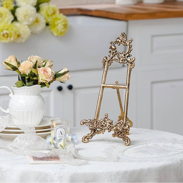 Vintage Cookbook Stand, Small Ornate Easel Fleur De Lis Stand, 12.2" Tall Table Top Display Holder for Recipe Book, Picture Frame, Plate, Antique Gold