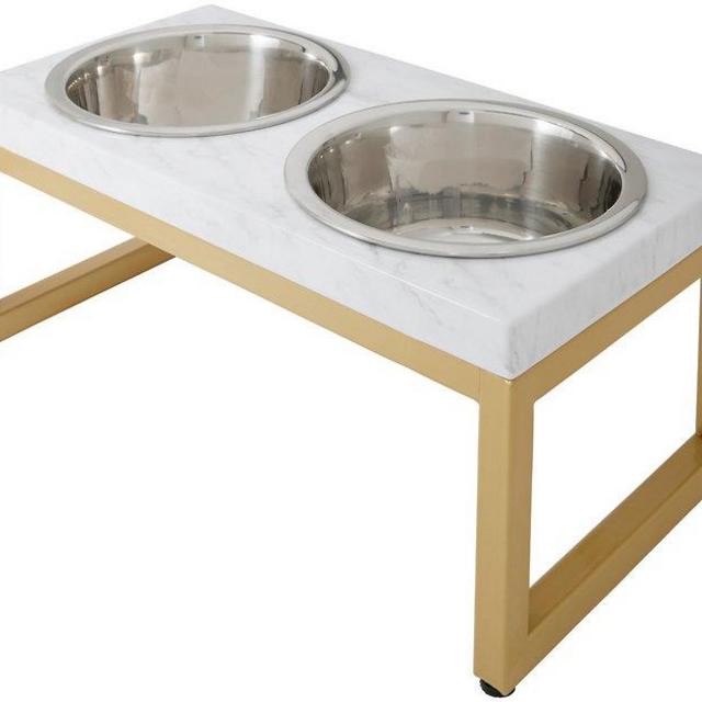 FRISCO Marble Print Stainless Steel Double Elevated Dog Bowl, 3 Cups, Gold Stand - Chewy.com