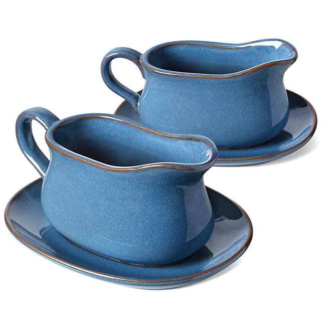 LE TAUCI 17oz Gravy Boat with Saucer Stand, 2 Pack, Ceramic Sauce Boat with Tray for Salad Dressings, Creamer, Broth, Black Pepper, Ceylon blue…