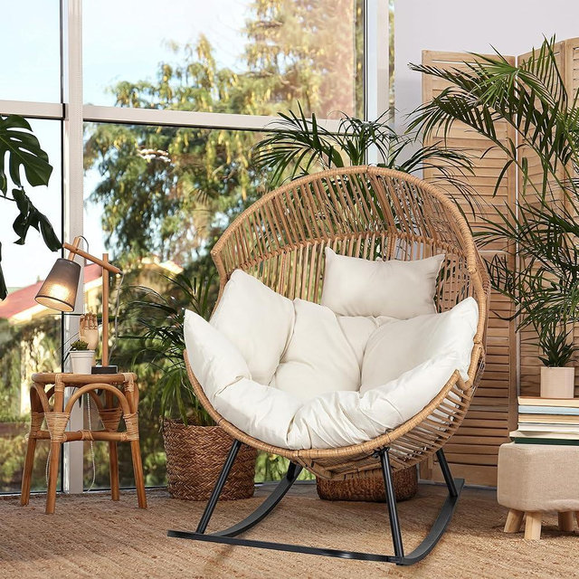 JAMFLY Egg Chair Rocking Chairs, Wicker Patio Chair Oversized Lounger Chair with Cushion for Indoor Living Room Bedroom Outdoor Patio Backyard Balcony Garden, Beige