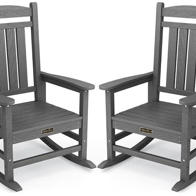 SERWALL Outdoor Rocking Chair Set of 2, HDPE Patio Rocking Chair All-Weather Porch Rocker for Balcony, Yard, Gray