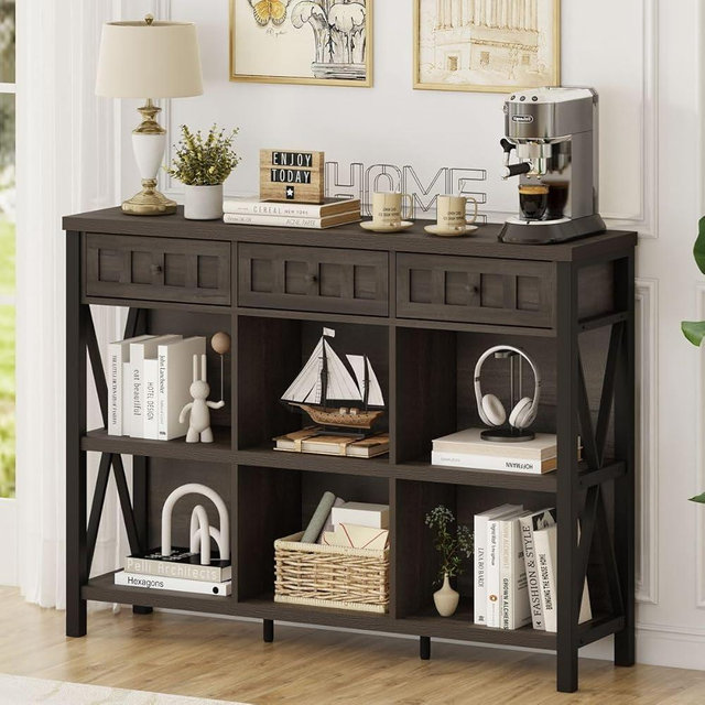 FATORRI Rustic 6 Cube Storage Organizer Shelf with 3 Drawers, Long Horizontal Bookshelf, Industrial Wood and Metal Cubby Bookcase (Walnut Brown, 47 Inch)