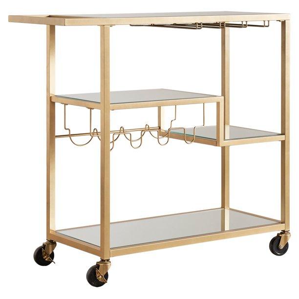Chelsea Lane Champagne Gold Mirror Glass Metal Bar Cart