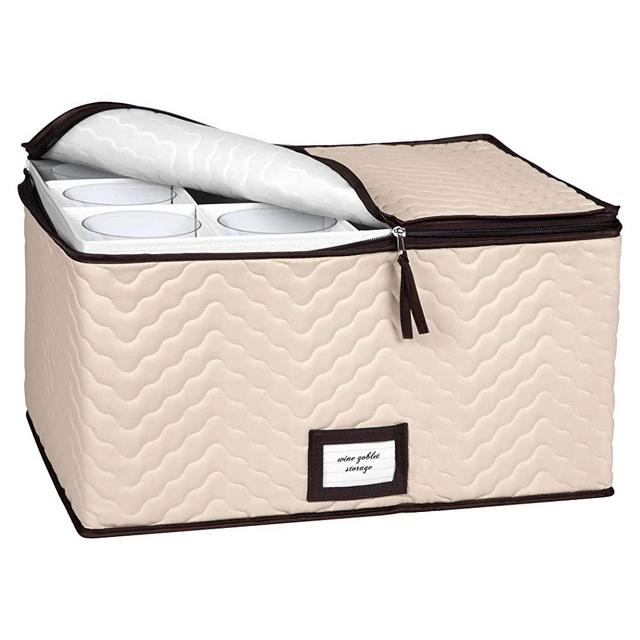 Stemware Storage Case for Wine Glasses and Crystal Glassware - Holds 12 Glasses - Wine Glass Box Protects Champagne Flutes and Fine China - Durable Quilted Microfiber Container Bin with Dividers