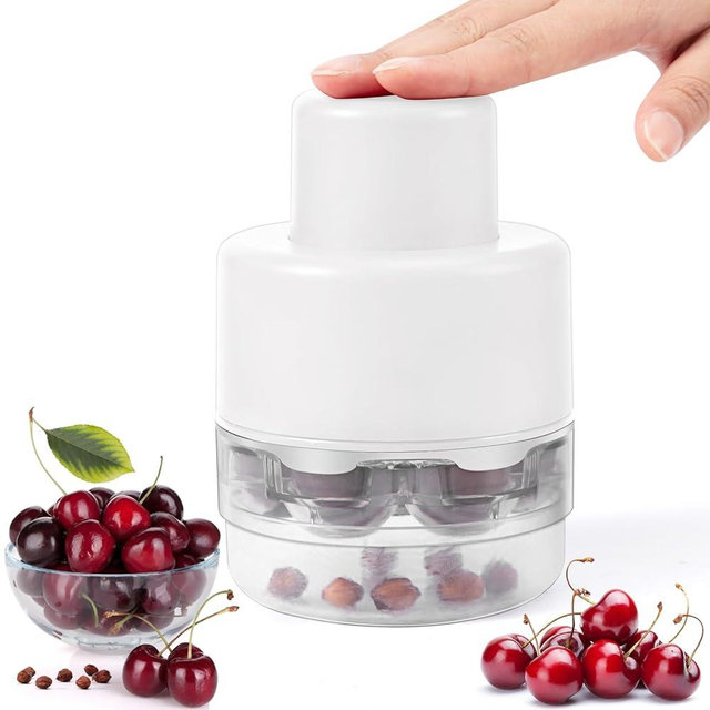 SCHVUBENR 7-IN-1 Large Cherry Pitter Tool - Portable Cherry Corer Pitter with Ergonomic Push Design - Easy to Use for Making Cherry Jam - Pit 7 Cherries at Once, Saving Time & Effort - White