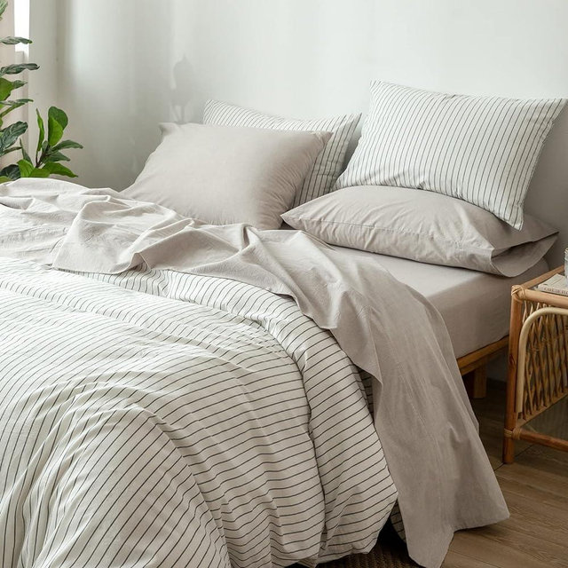 MooMee Bedding Sheet Set 100% Washed Cotton Linen Like Textured Breathable Durable Soft Comfy (Tannish Linen Grey, California King)