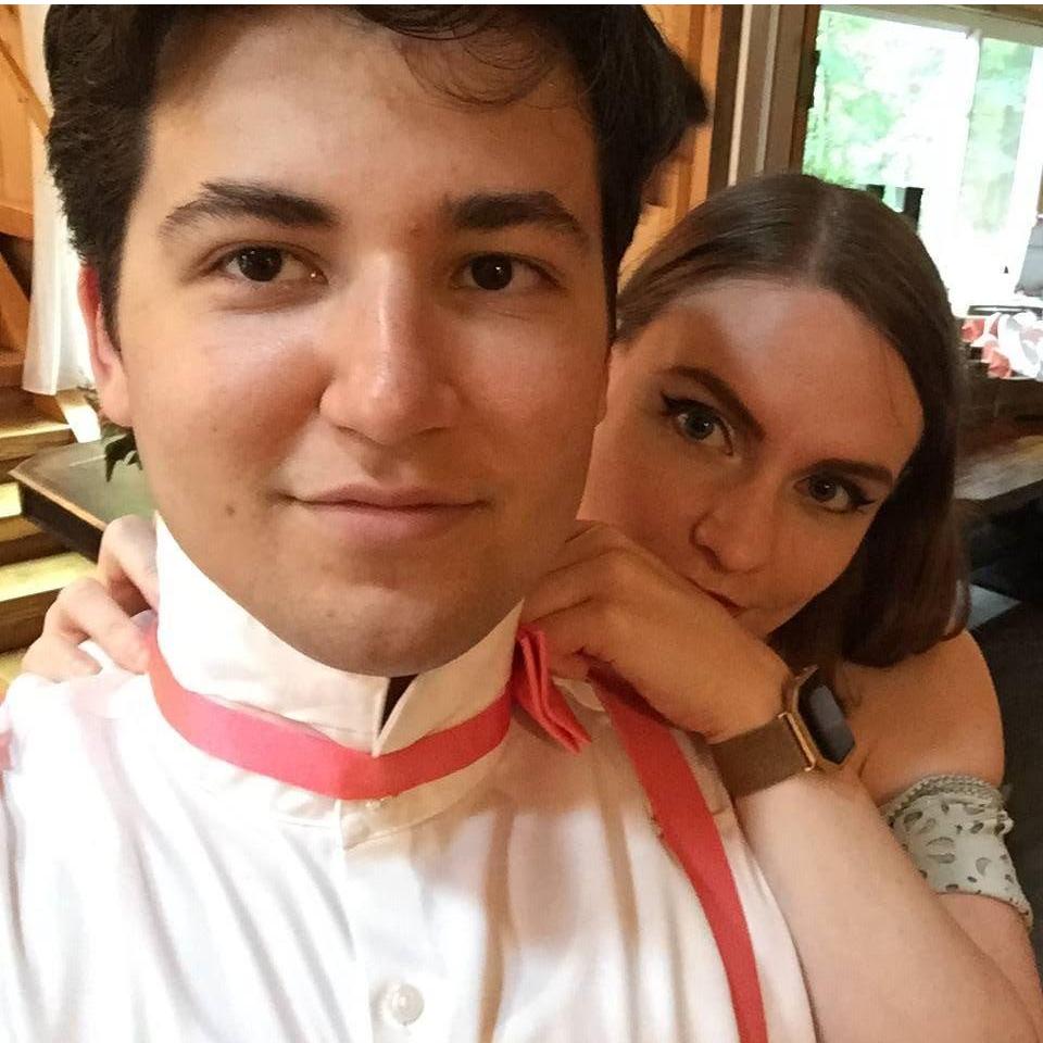 Sarah helps Robert get dressed for his role as best man in his longtime friend Andrew's wedding, July 2017. (Andrew is now Robert's best man for our wedding!)