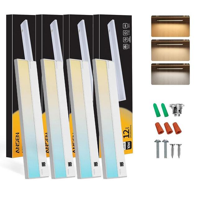 Ansen 4Packs of Under Cabinet Lighting Hardwired, 12IN 10W 666LM, Dimmable Led Light for Kitchen/Bar/Closet, CRI>92, R9>90, 3 Color Temperature, 3000K/4000K/5000K(Warm White, Cool White, Daylight)