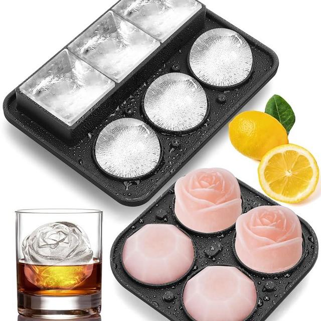 Ice Cube Tray with Lid, Silicone Ice Molds with Round, Square, Diamond, Rose, Large Ice Cube Mold for Whiskey, Bourbon, Cocktails, Easy Release BPA Free, Set of 2