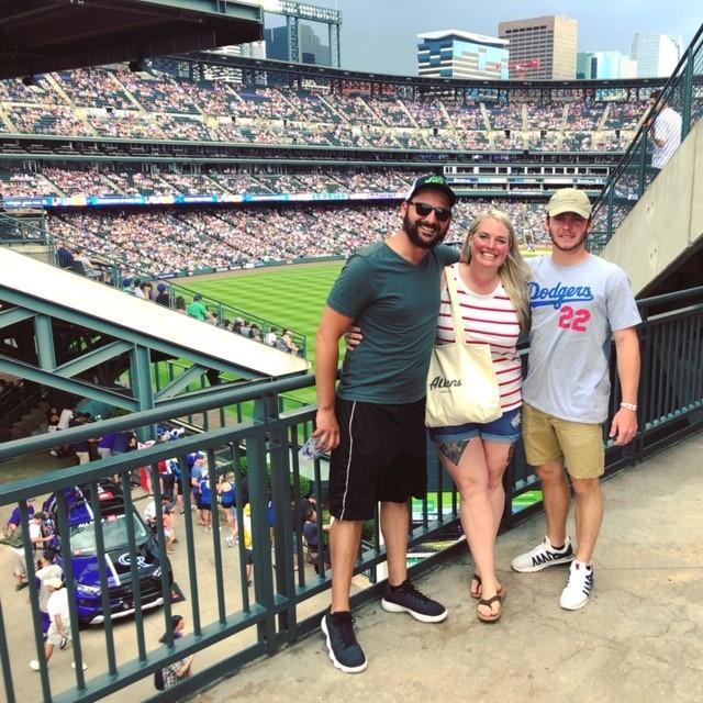 Cathing a game in Mile High Stadium in Denver with Sarah's brother Joel and nephew Joshua.