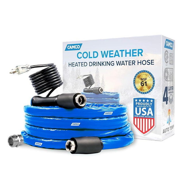 Camco 12-Ft Heated Water Hose for RV - Water Line Freeze Protection Down to -20°F/-28°C - Features Energy-Saving Thermostat & Includes Adapter for Connection to Either End of Hose (22910)