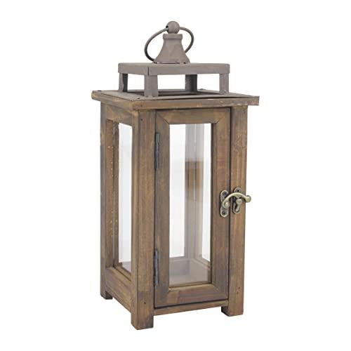 Stonebriar Decorative Rustic Wooden Hurricane Candle Lantern with Handle and Hinged Door, SMALL, Brown