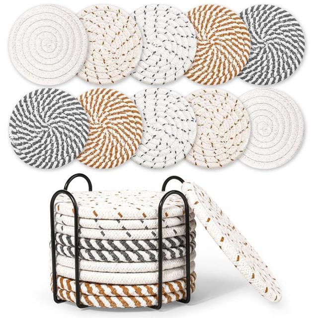 Mckanti 10 Pcs Drink Coasters with Holder, 5 Colors Absorbent Coasters for Drinks, Minimalist Boho Coasters Cotton Woven Coaster Set for Home Decor Tabletop Protection Suitable for Kinds of Cups