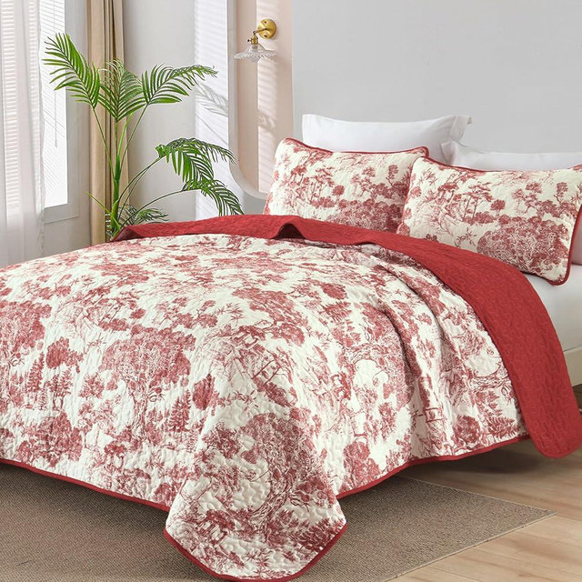 WONGS BEDDING Botanical Quilt Set King Size, Christmas Red 3 Pieces Floral Plants Printed Bedspread Bedding Set Christmas Soft Lightweight Microfiber Coverlet Set for All Season (104"x90")