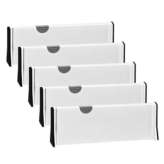 Drawer Dividers Organizer 5 Pack, Adjustable Separators 4" High Expandable from 11-17" for Bedroom, Bathroom, Closet,Clothing, Office, Kitchen Storage, Strong Secure Hold, Foam Ends（White）