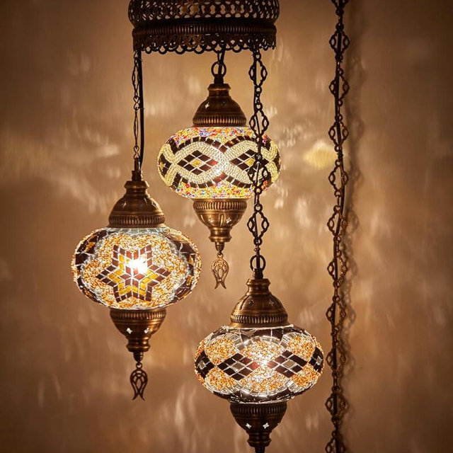 DEMMEX Plug-in Turkish Hanging Lamp, Handmade Moroccan Mosaic Chandelier Pendant Light Fixture with 15-ft Cord & Chain, Decorative Ceiling Lamp for Living Room, Bedroom, 3 Large 7'' Globes, 3.5 ft.