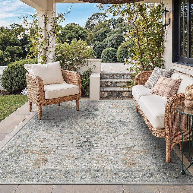 GENIMO Outdoor & Indoor Area Rug 6'x9', Waterproof, Non-Shedding, Easy Cleaning, Boho Mat for Patio, Living Room, Balcony, Dining Room, RV, Deck, Bedroom, Camping, Outside Carpet,Light Grey Brown