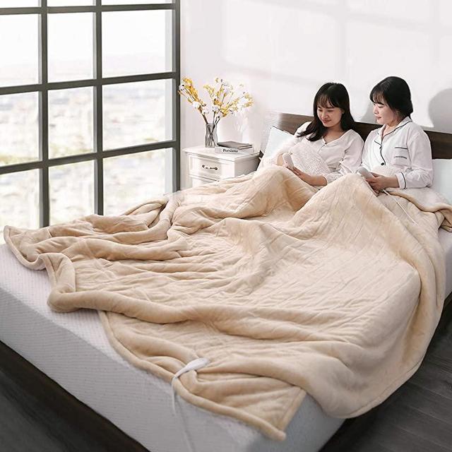 Electric Heated Blanket Queen Size 84" x 90", Heated Throw Flannel with 2 Separate Controllers, 6 Heating Levels & 8 Timing Sets-Auto Off, Home Use, Machine Washable - Beige