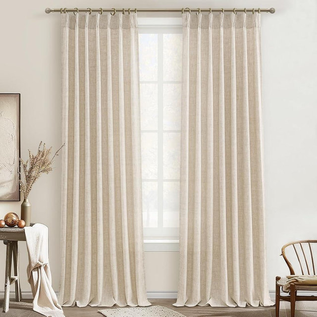Living Room Semi Sheer Curtains 90 Inches Long 2 Panels Set, Natural Thick Linen Pinch Pleated Curtains Taupe Country Rustic Light Filtering Drape with Hooks Ceiling Track for 88inch Window W40 xL90