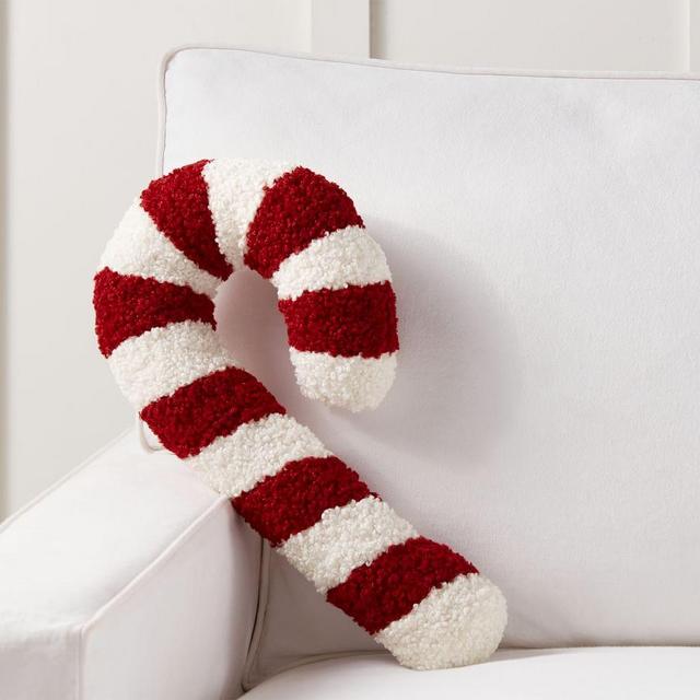 Cozy Teddy Faux Fur Candy Cane Shaped Pillow, 20 x 3.5", Cardinal/Ivory