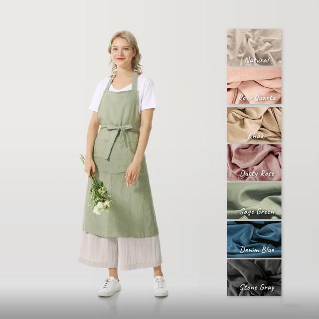 Linen Apron, Lightweight Natural Flax Linen Full Apron, Plus Size/Custom Size, Art/Kitchen/Garden Washed Linen Bib Apron Dress With Pockets