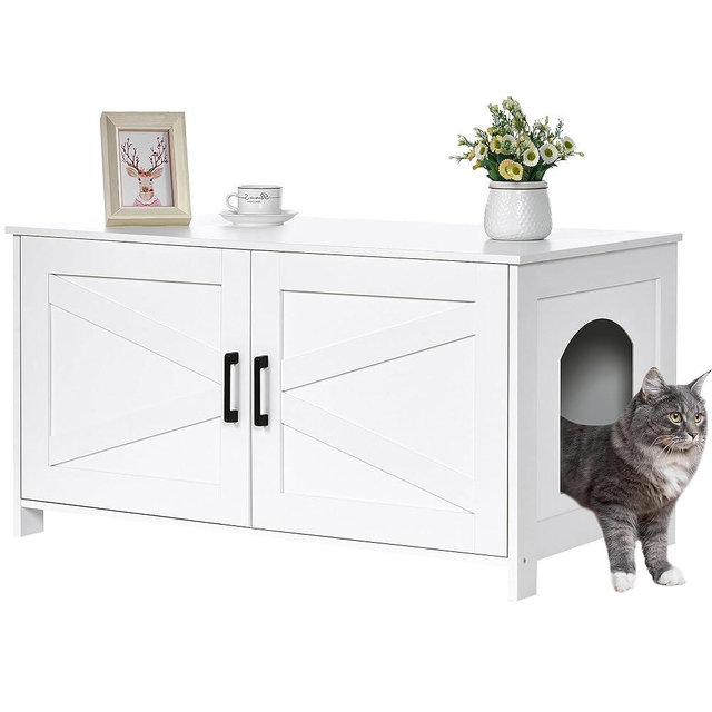 Homhedy 39.4" L Cat Litter Box Enclosure,Litter Box Furniture Hidden with Barn Door,Wooden Cat Washroom Furniture,Cat House,Fit Most of Litter Box, White